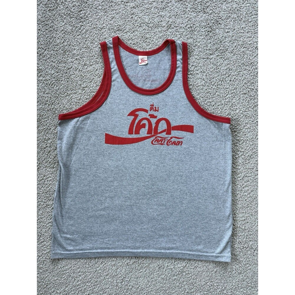 Coca Cola Thailand Thai Script Logo Tank Top Mens XL Gray Red Sleeveless Shirt